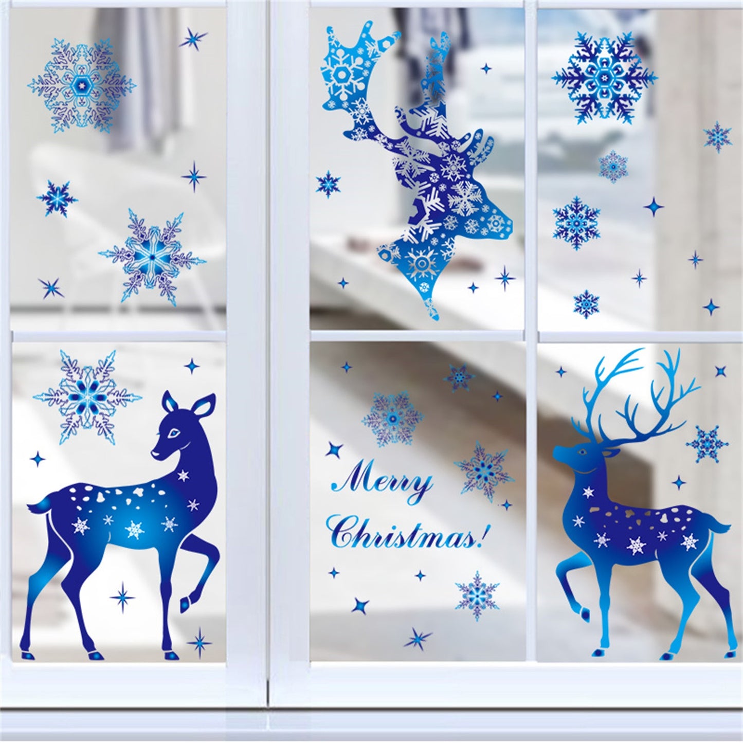 2023 Christmas & New Year Window Stickers – Blue Elk, Snowflake Winter Wall Decals, Holiday Decorations for Windows