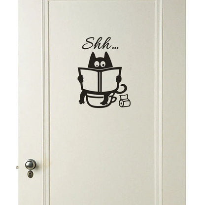 Cute Cartoon Cat 'Shh' Toilet Stickers - DIY Bathroom Door & Toilet Seat Decals - Funny Removable Vinyl Mural Art for Bathroom Decor