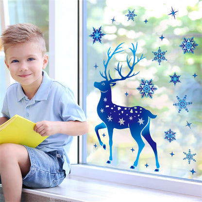 Winter Wonderland Christmas Window Stickers - Blue Elk, Sika Deer & Snowflakes - Holiday Wall Decals for New Year 2024 Home Decor