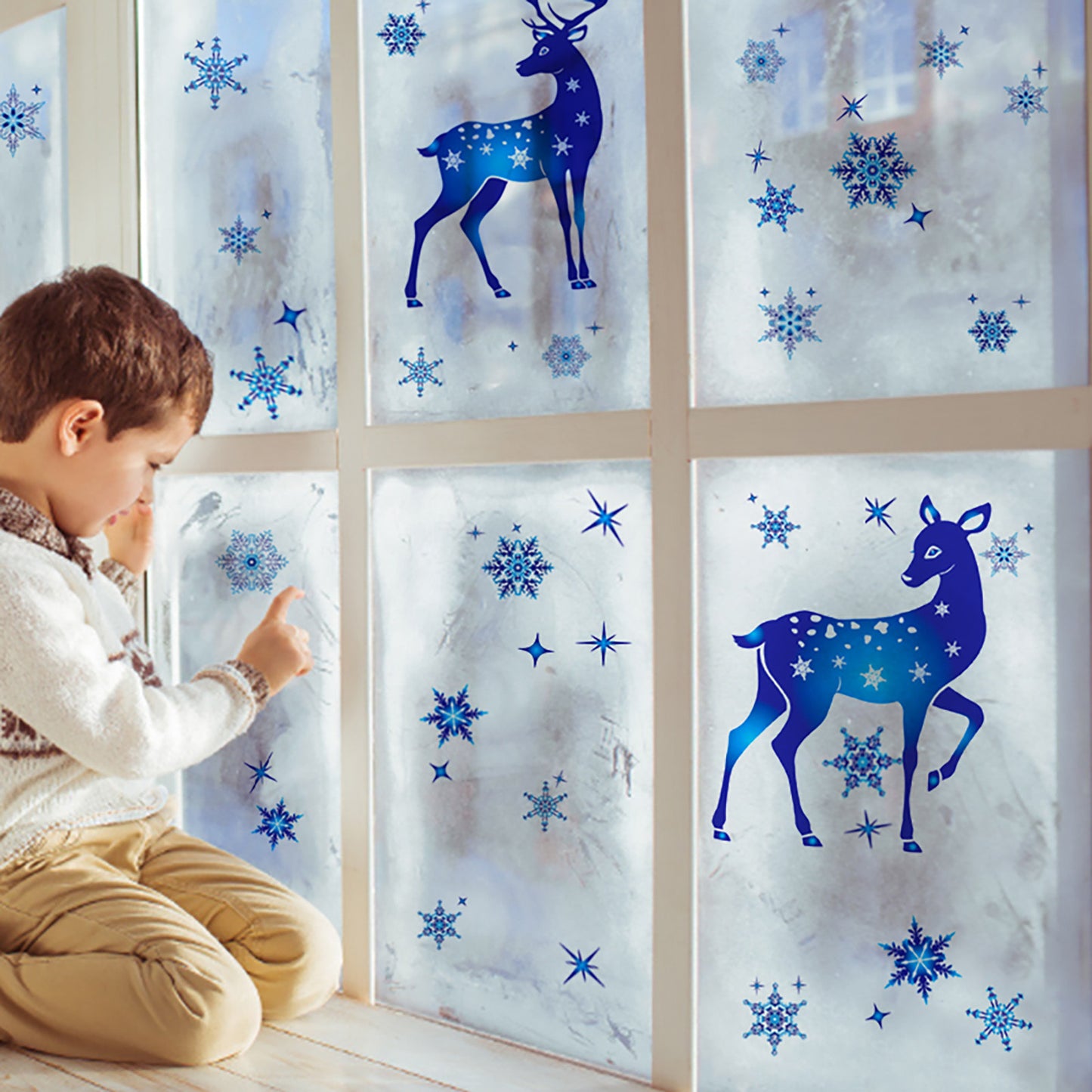 2023 Christmas & New Year Window Stickers – Blue Elk, Snowflake Winter Wall Decals, Holiday Decorations for Windows