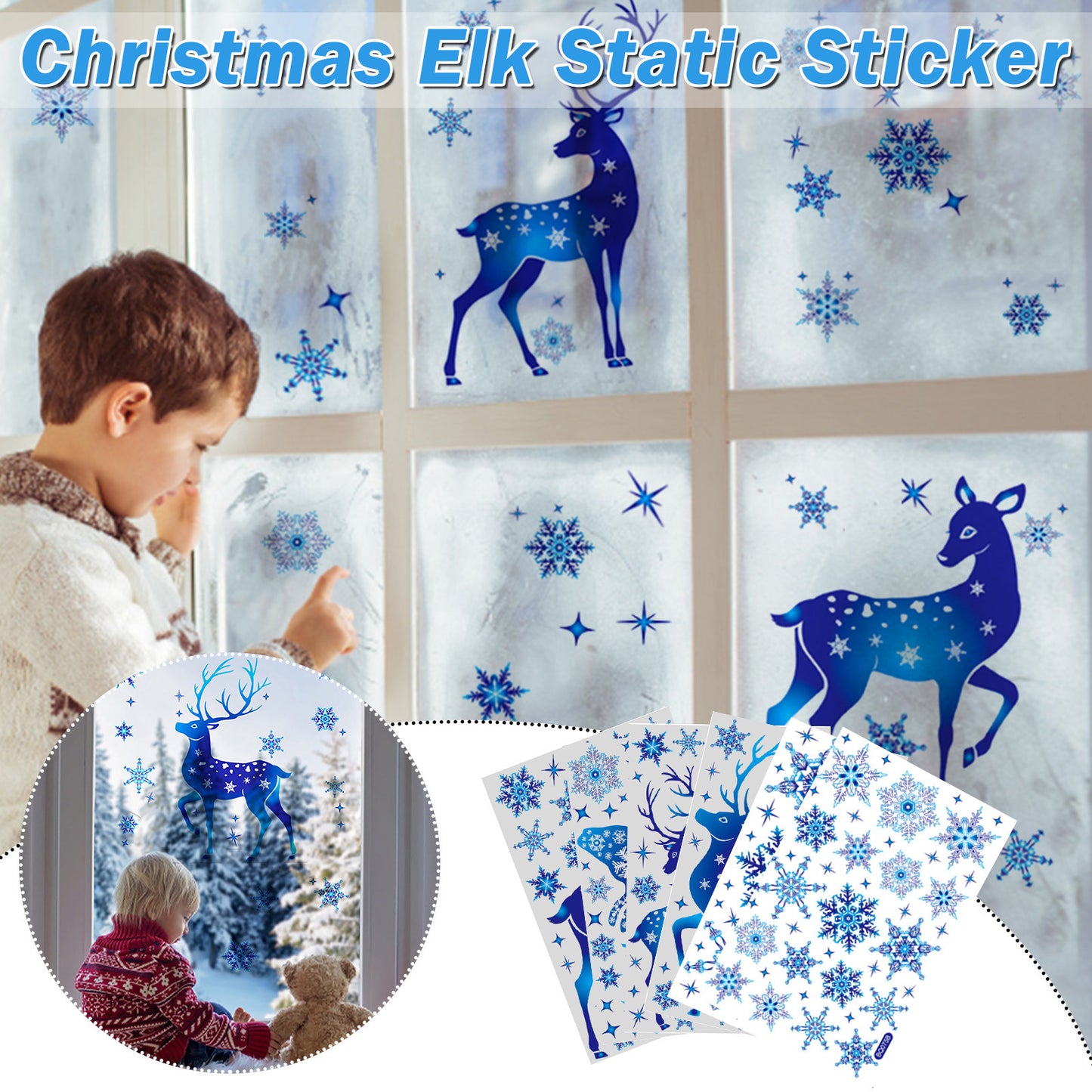 Winter Wonderland Christmas Window Stickers - Blue Elk, Sika Deer & Snowflakes - Holiday Wall Decals for New Year 2024 Home Decor