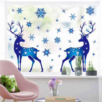 Winter Wonderland Christmas Window Stickers - Blue Elk, Sika Deer & Snowflakes - Holiday Wall Decals for New Year 2024 Home Decor