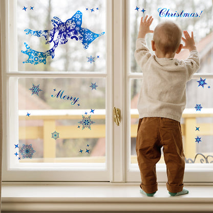 Winter Wonderland Christmas Window Stickers - Blue Elk, Sika Deer & Snowflakes - Holiday Wall Decals for New Year 2024 Home Decor