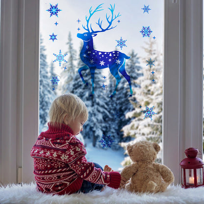 Winter Wonderland Christmas Window Stickers - Blue Elk, Sika Deer & Snowflakes - Holiday Wall Decals for New Year 2024 Home Decor