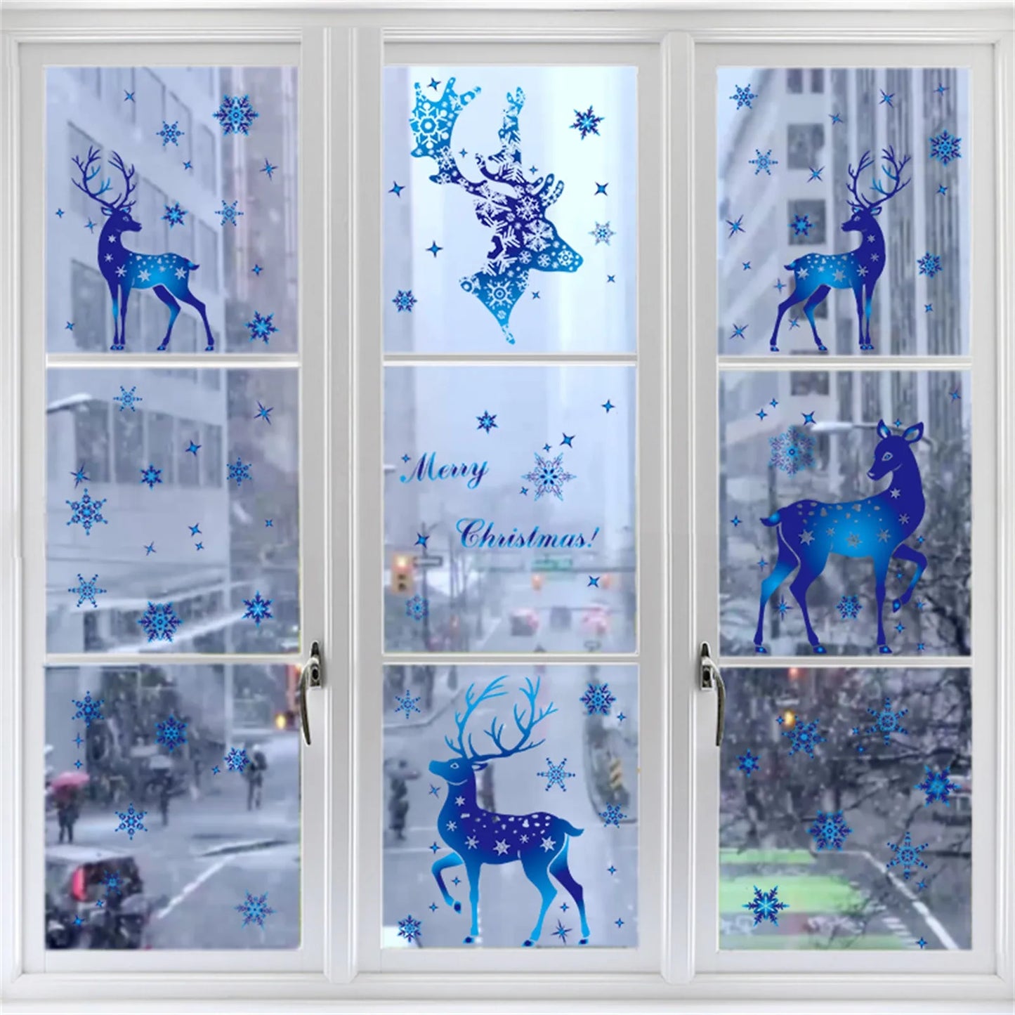 Winter Wonderland Christmas Window Stickers - Blue Elk, Sika Deer & Snowflakes - Holiday Wall Decals for New Year 2024 Home Decor