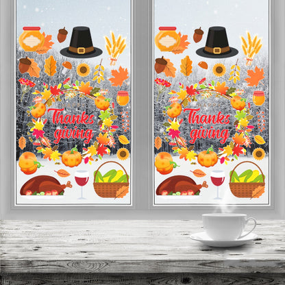 Thanksgiving Window Stickers Glass Decoration Maple Leaf Decals Thanksgiving Turkey Pumpkin Maple Leaf Autumn Wall Stickers