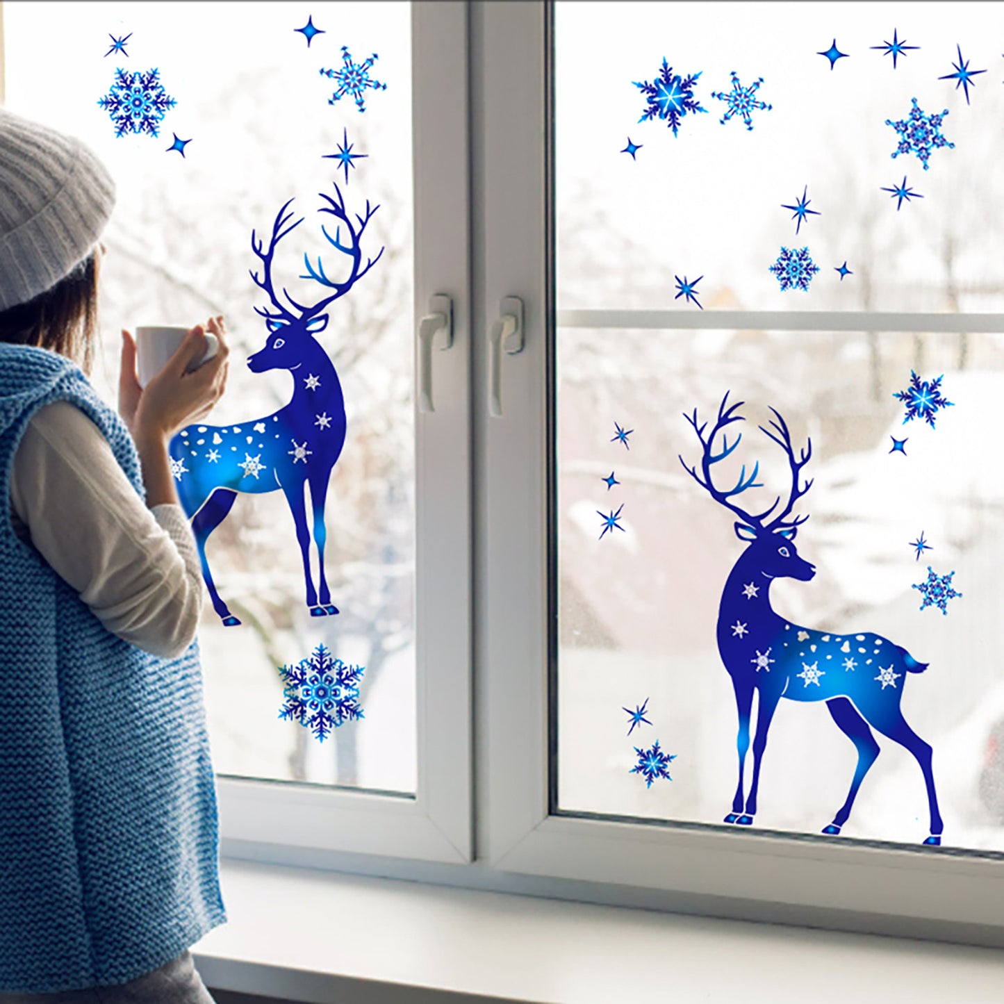 Winter Wonderland Christmas Window Stickers - Blue Elk, Sika Deer & Snowflakes - Holiday Wall Decals for New Year 2024 Home Decor