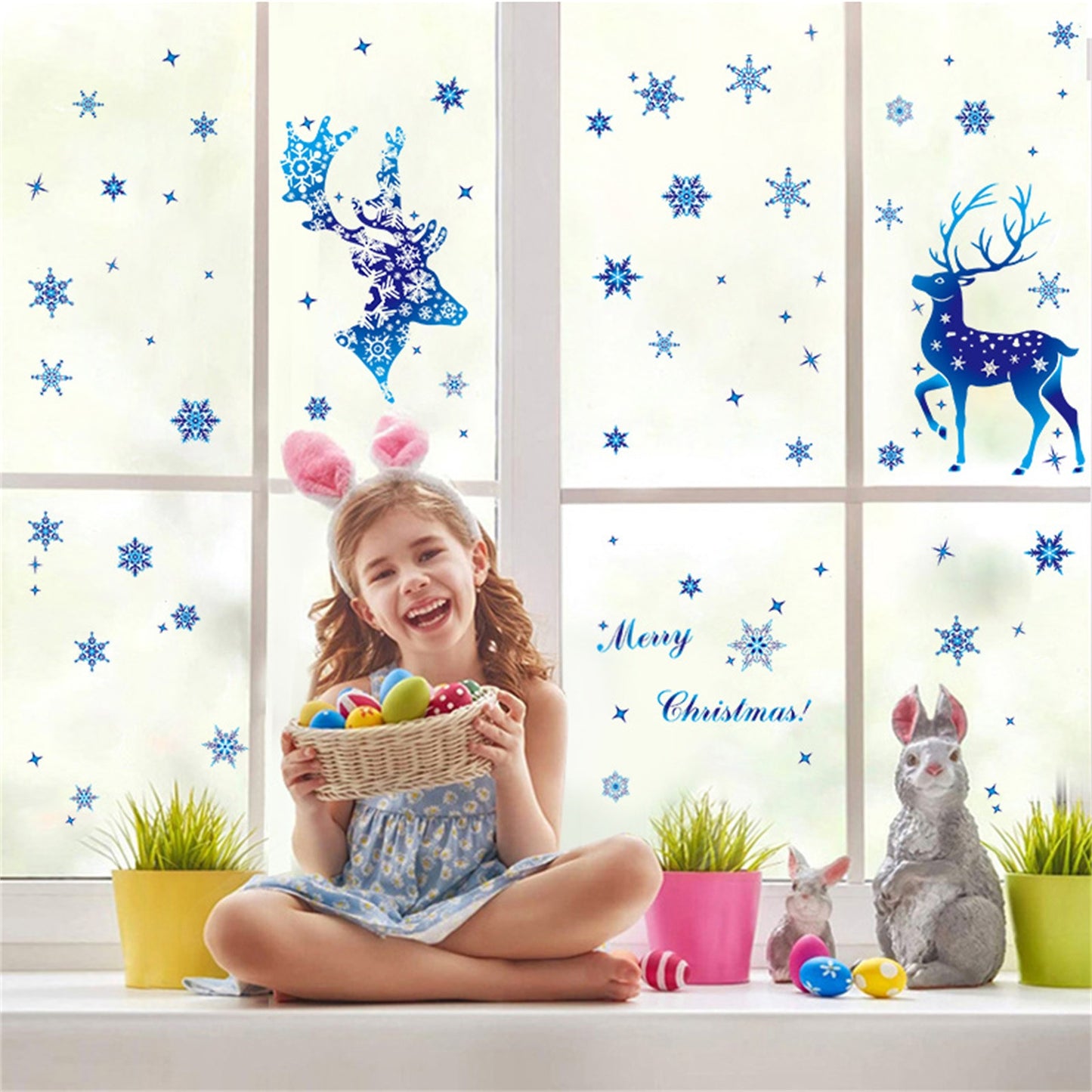 Winter Wonderland Christmas Window Stickers - Blue Elk, Sika Deer & Snowflakes - Holiday Wall Decals for New Year 2024 Home Decor