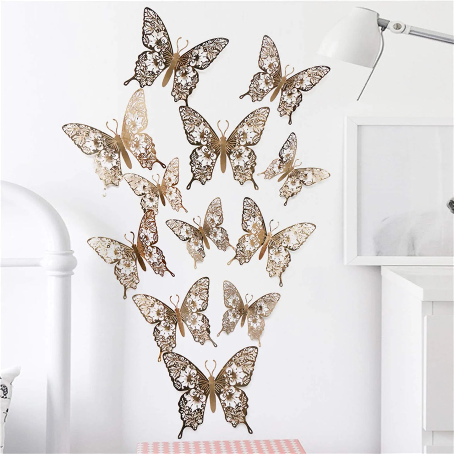 12pcs 3D Butterfly Ornaments - Hollow Wall Art Decals for Home Decor - Self-Adhesive Modern Craft Design for Walls, Cake Carving, and More