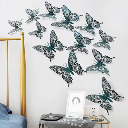 12pcs 3D Butterfly Ornaments - Hollow Wall Art Decals for Home Decor - Self-Adhesive Modern Craft Design for Walls, Cake Carving, and More