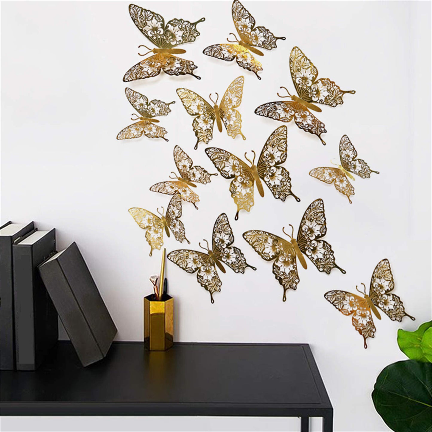 12pcs 3D Butterfly Ornaments - Hollow Wall Art Decals for Home Decor - Self-Adhesive Modern Craft Design for Walls, Cake Carving, and More