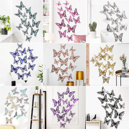 12pcs 3D Butterfly Ornaments - Hollow Wall Art Decals for Home Decor - Self-Adhesive Modern Craft Design for Walls, Cake Carving, and More