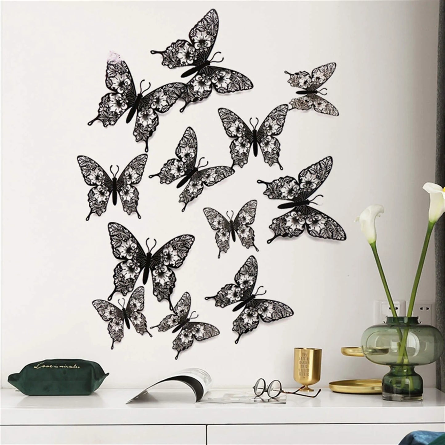 12pcs 3D Butterfly Ornaments - Hollow Wall Art Decals for Home Decor - Self-Adhesive Modern Craft Design for Walls, Cake Carving, and More