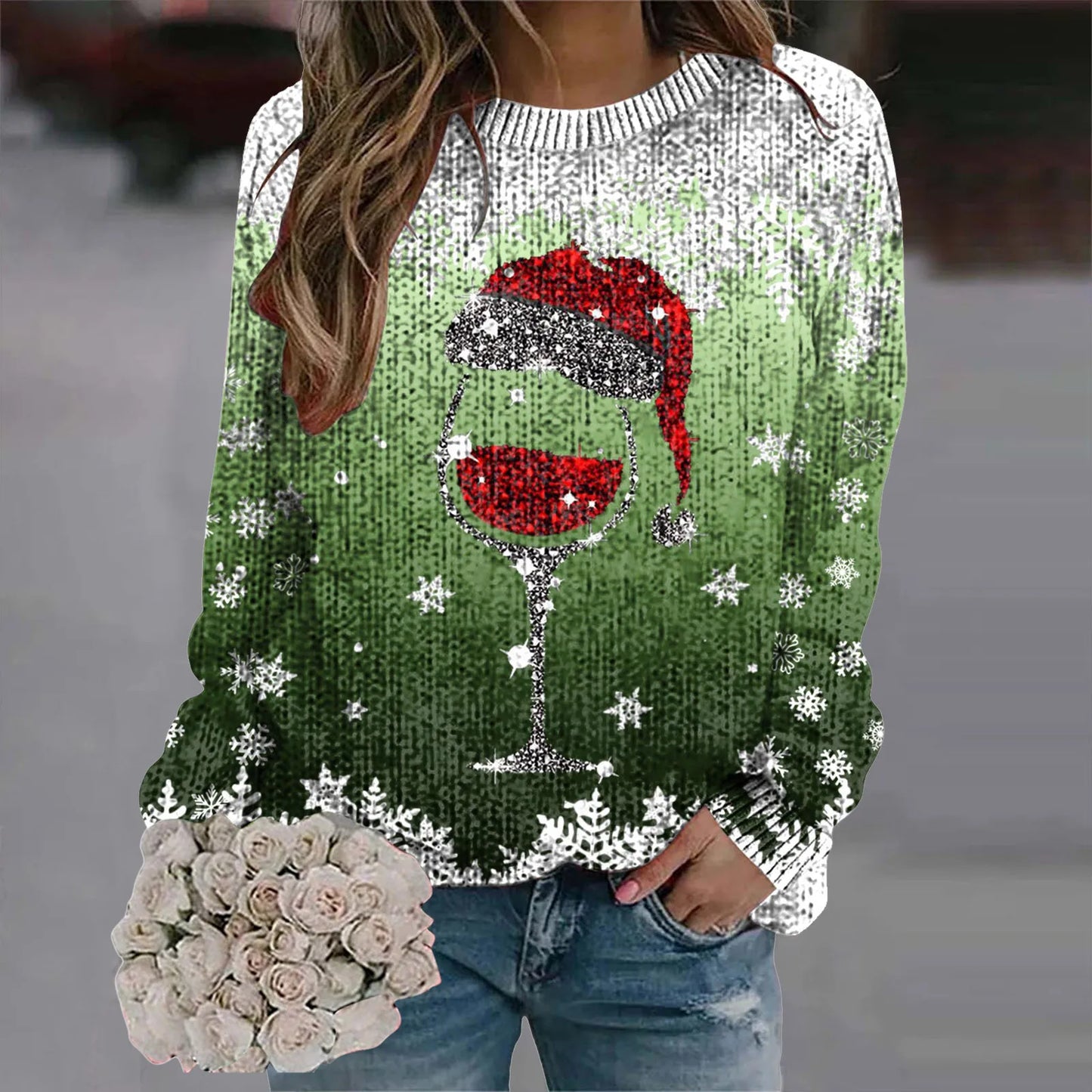 2024 Long Sleeve Christmas Sweater for Women - Red Santa Hat Print Pullover - Holiday Sweatshirt Tops for New Year Gifts & Christmas Clothes