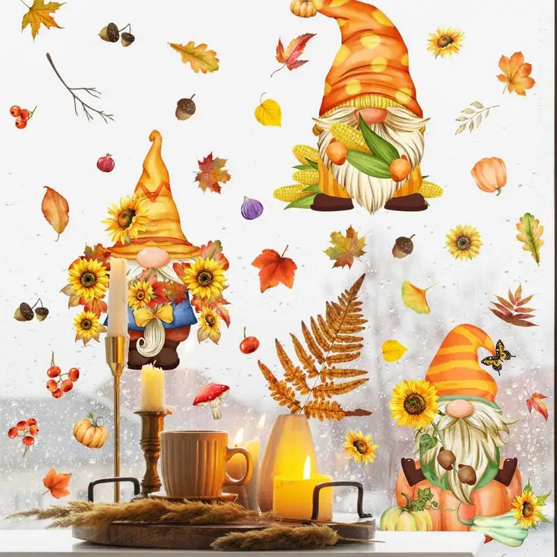 Thanksgiving Window Stickers Autumn Window Clings Faceless Doll Maple Turkey Electrostatic Decals DIY Festival Home Party Decor