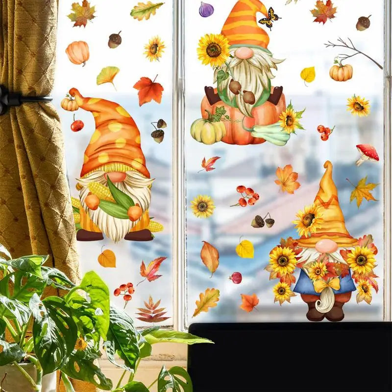 Thanksgiving Window Stickers Autumn Window Clings Faceless Doll Maple Turkey Electrostatic Decals DIY Festival Home Party Decor