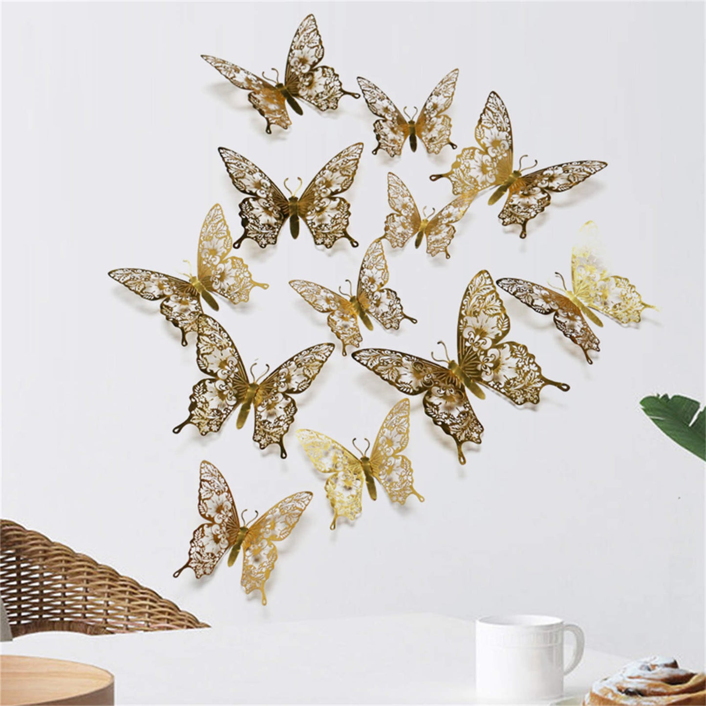 12pcs 3D Butterfly Ornaments - Hollow Wall Art Decals for Home Decor - Self-Adhesive Modern Craft Design for Walls, Cake Carving, and More