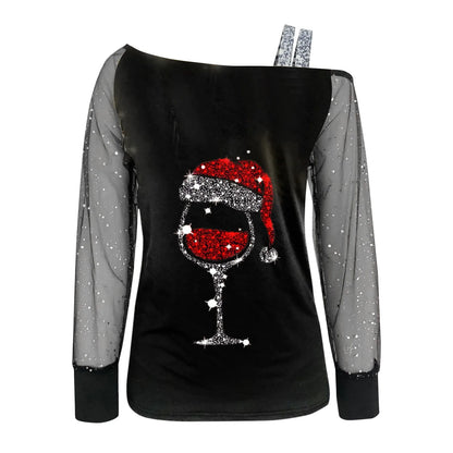 Off-Shoulder Christmas Blouse for Women - Wine Glass Print with Sequined & Mesh Splice - Long Sleeve Xmas Top