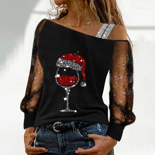 Off-Shoulder Christmas Blouse for Women - Wine Glass Print with Sequined & Mesh Splice - Long Sleeve Xmas Top