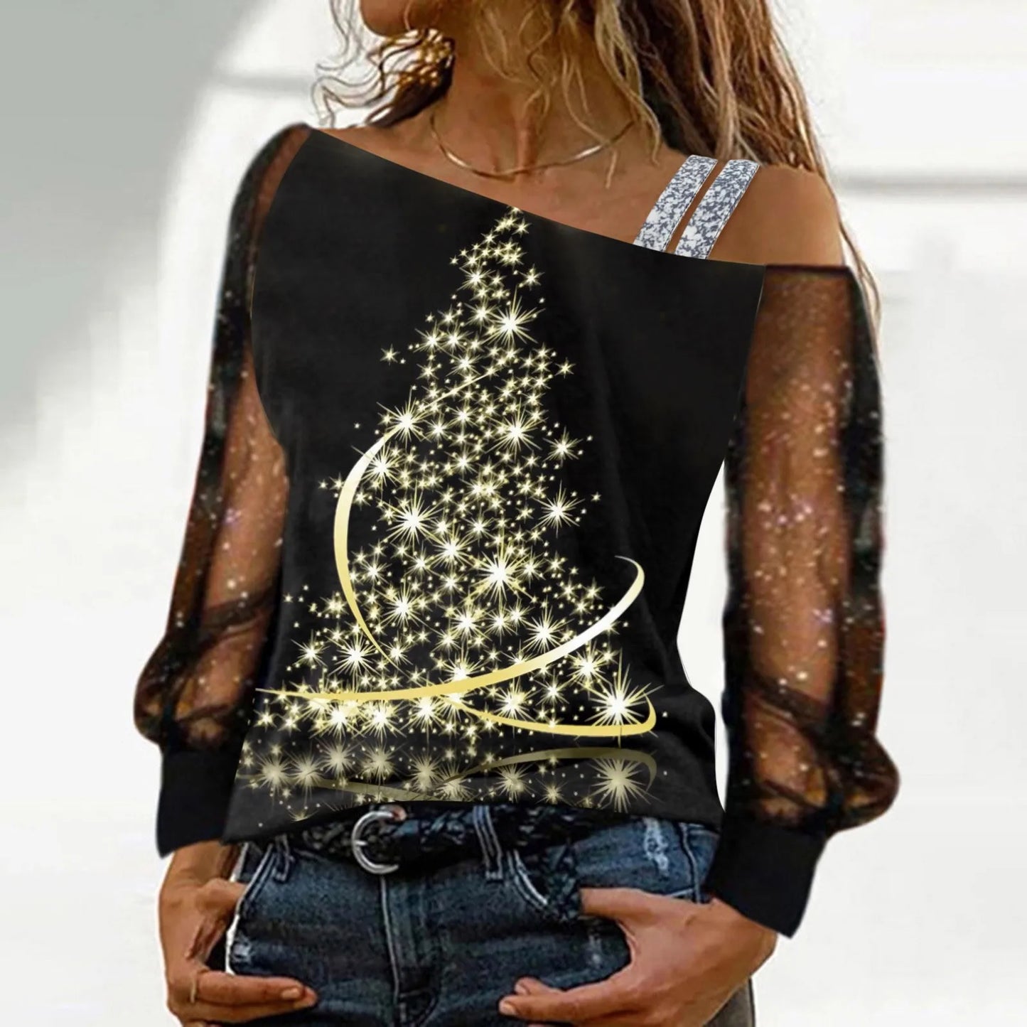 Off-Shoulder Christmas Blouse for Women - Wine Glass Print with Sequined & Mesh Splice - Long Sleeve Xmas Top