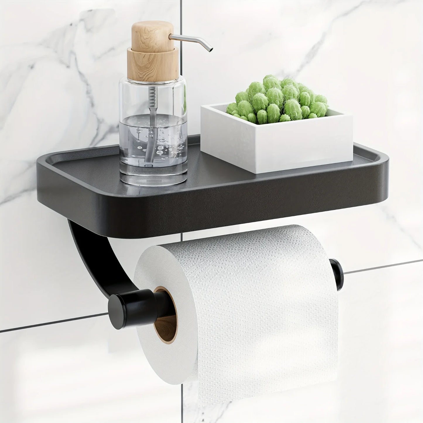 Multipurpose Black Stainless Steel Toilet Paper Holder - Self-Adhesive with Phone Shelf, Rust-Proof & Easy Installation for Bathroom