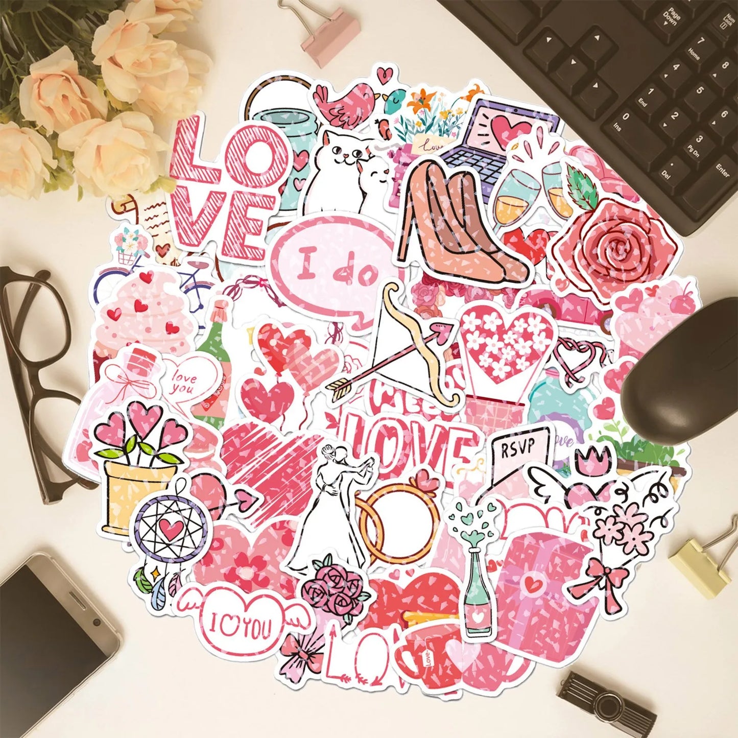 Valentine's Day Stickers – 100-Pack Love, Pineapple & Wedding DIY Decals for Water Cups, Phone Cases, and Decorations