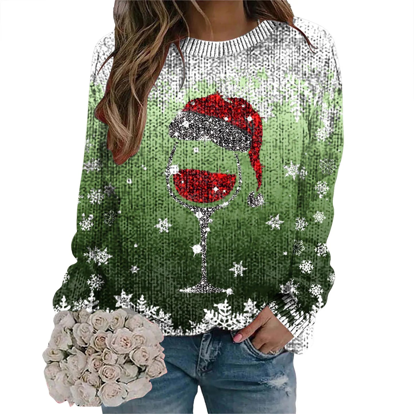 2024 Long Sleeve Christmas Sweater for Women - Red Santa Hat Print Pullover - Holiday Sweatshirt Tops for New Year Gifts & Christmas Clothes