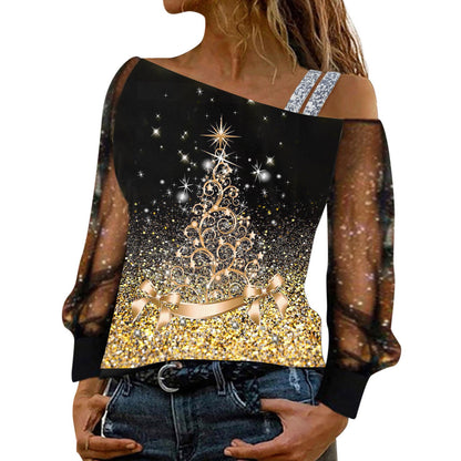 Off-Shoulder Christmas Blouse for Women - Wine Glass Print with Sequined & Mesh Splice - Long Sleeve Xmas Top