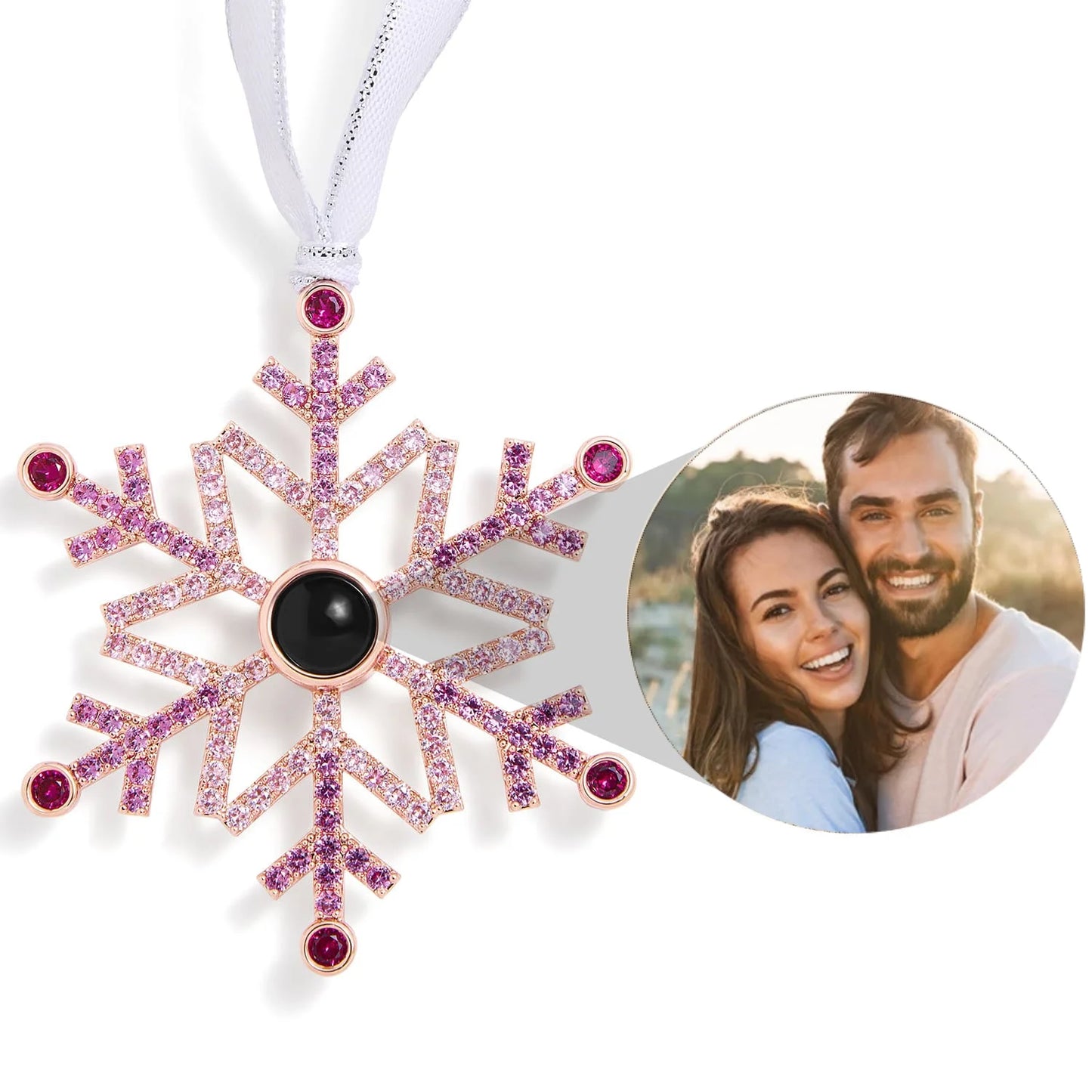 Snowflake Photo Ornament – Custom Picture Pendant with White Ribbon – Perfect Christmas Gift & Winter Love Memorial Decoration