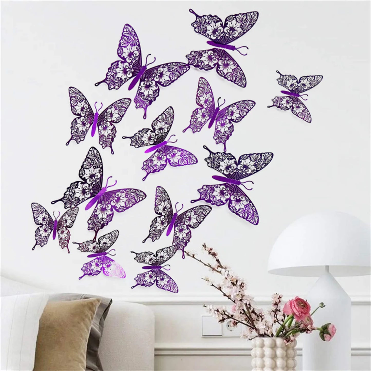 12pcs 3D Butterfly Ornaments - Hollow Wall Art Decals for Home Decor - Self-Adhesive Modern Craft Design for Walls, Cake Carving, and More