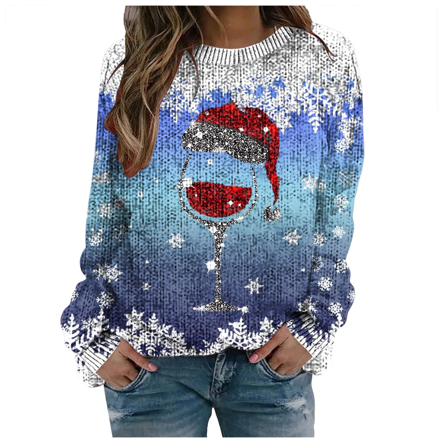 2024 Long Sleeve Christmas Sweater for Women - Red Santa Hat Print Pullover - Holiday Sweatshirt Tops for New Year Gifts & Christmas Clothes