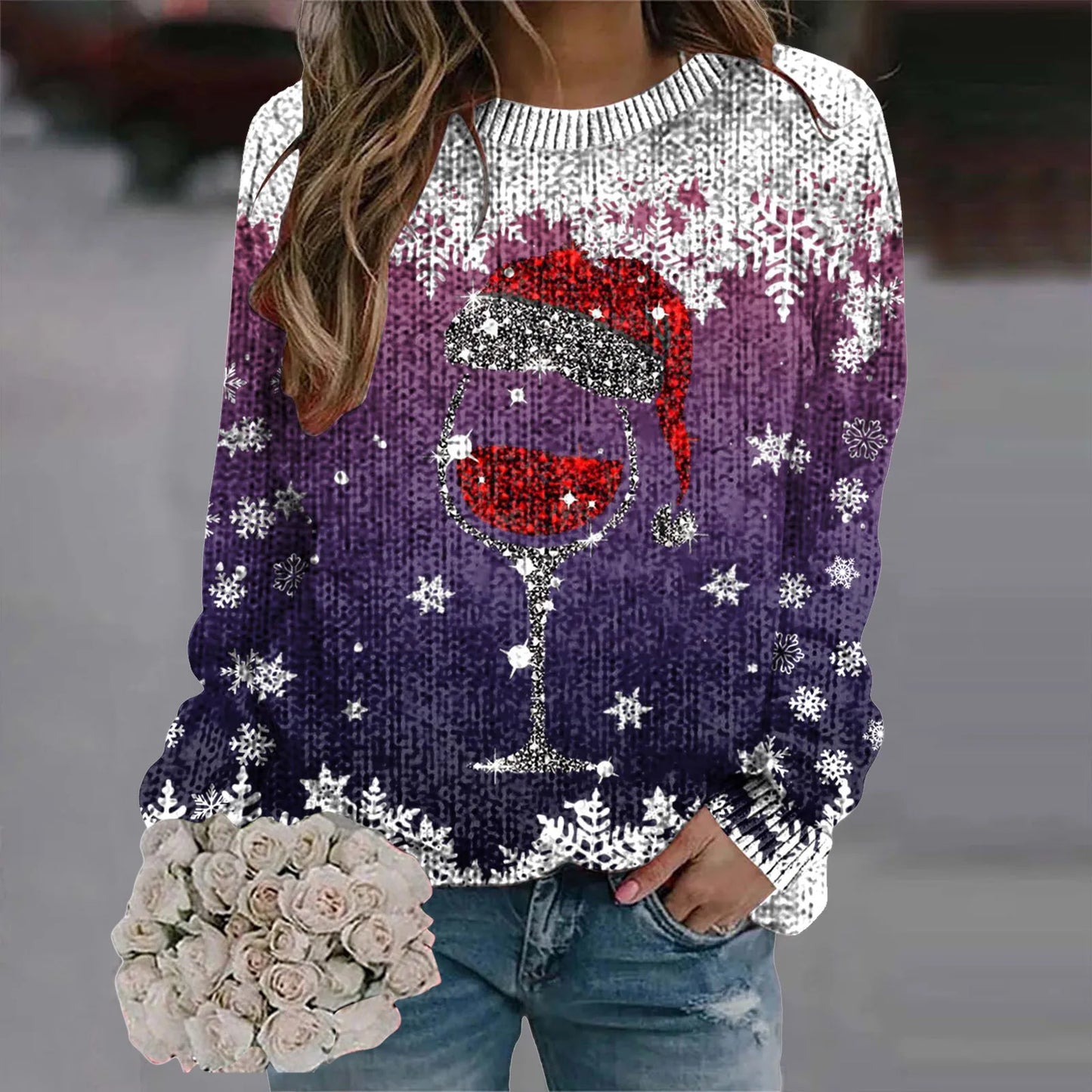 2024 Long Sleeve Christmas Sweater for Women - Red Santa Hat Print Pullover - Holiday Sweatshirt Tops for New Year Gifts & Christmas Clothes