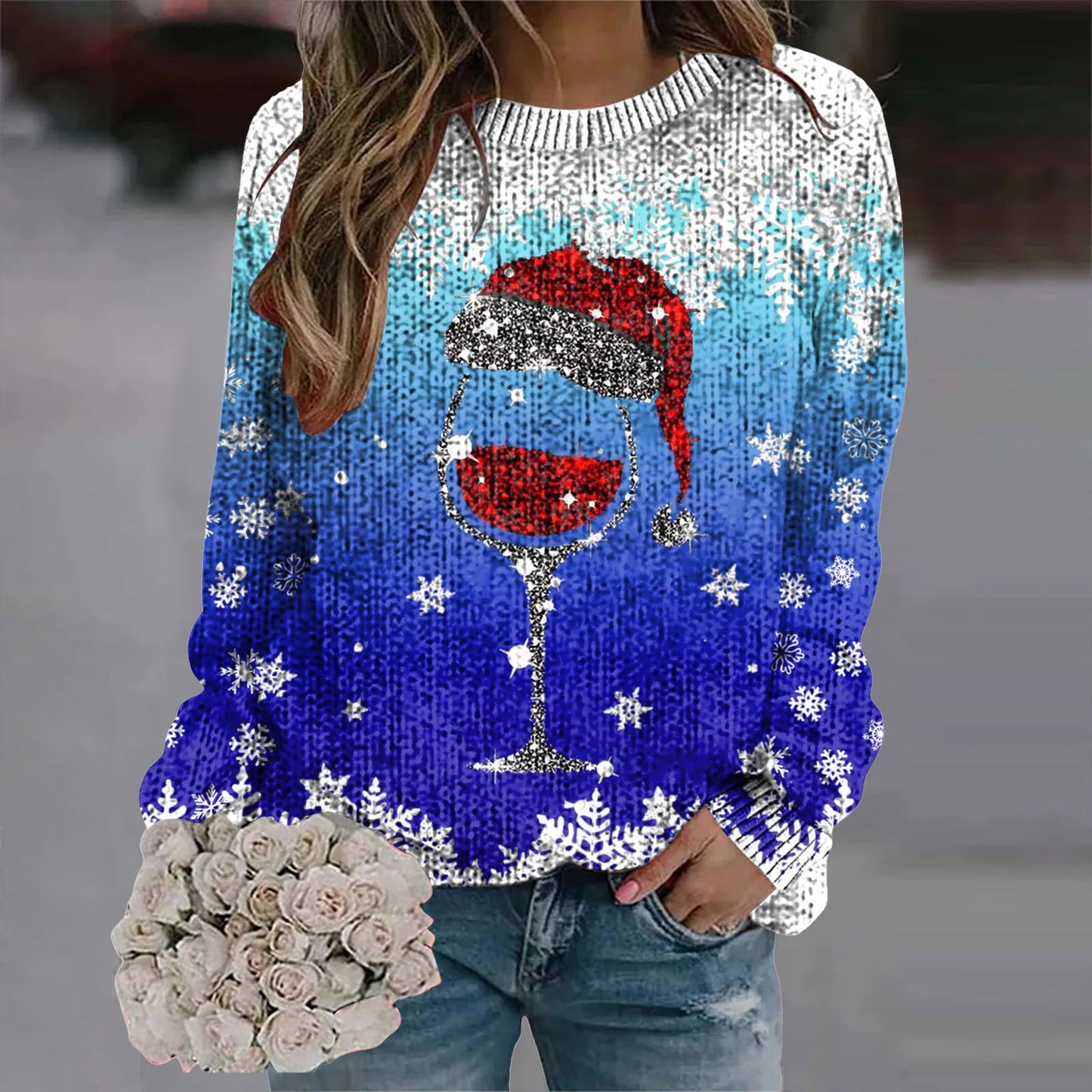 2024 Long Sleeve Christmas Sweater for Women - Red Santa Hat Print Pullover - Holiday Sweatshirt Tops for New Year Gifts & Christmas Clothes