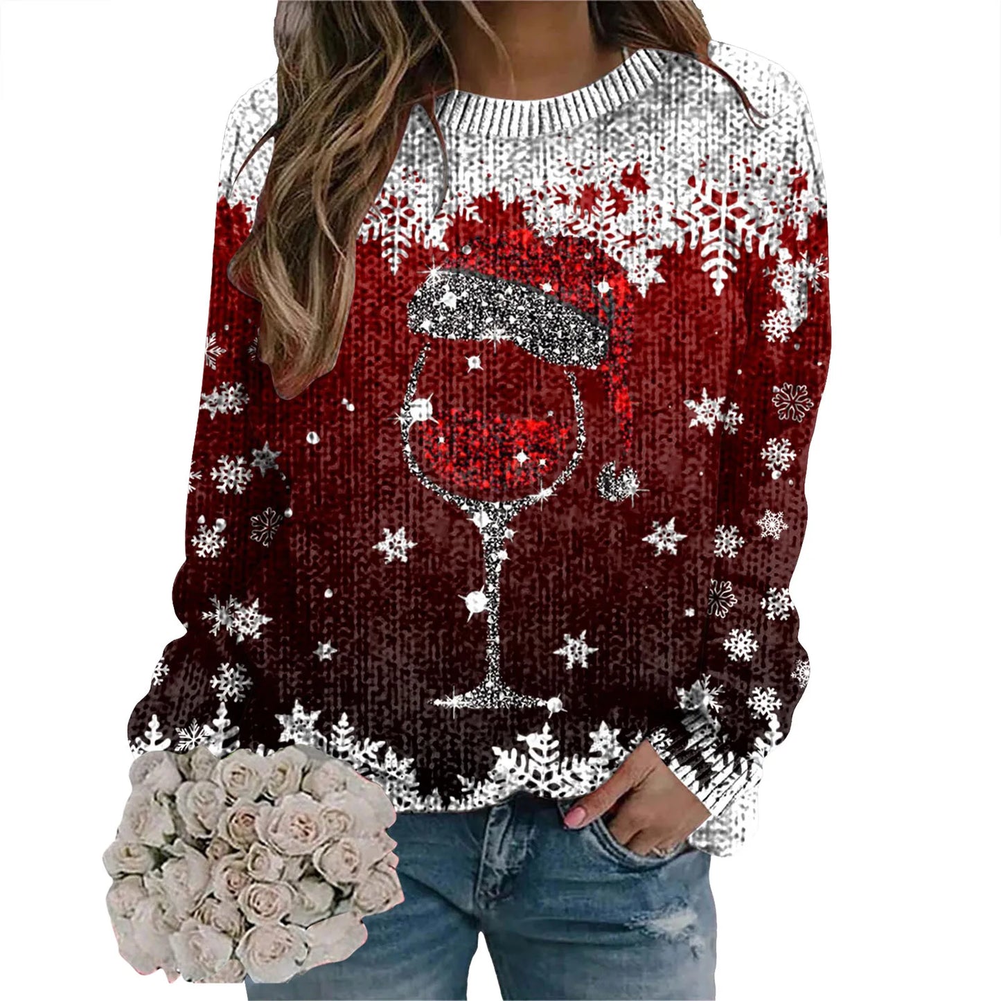 2024 Long Sleeve Christmas Sweater for Women - Red Santa Hat Print Pullover - Holiday Sweatshirt Tops for New Year Gifts & Christmas Clothes