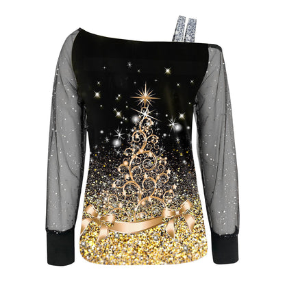 Off-Shoulder Christmas Blouse for Women - Wine Glass Print with Sequined & Mesh Splice - Long Sleeve Xmas Top