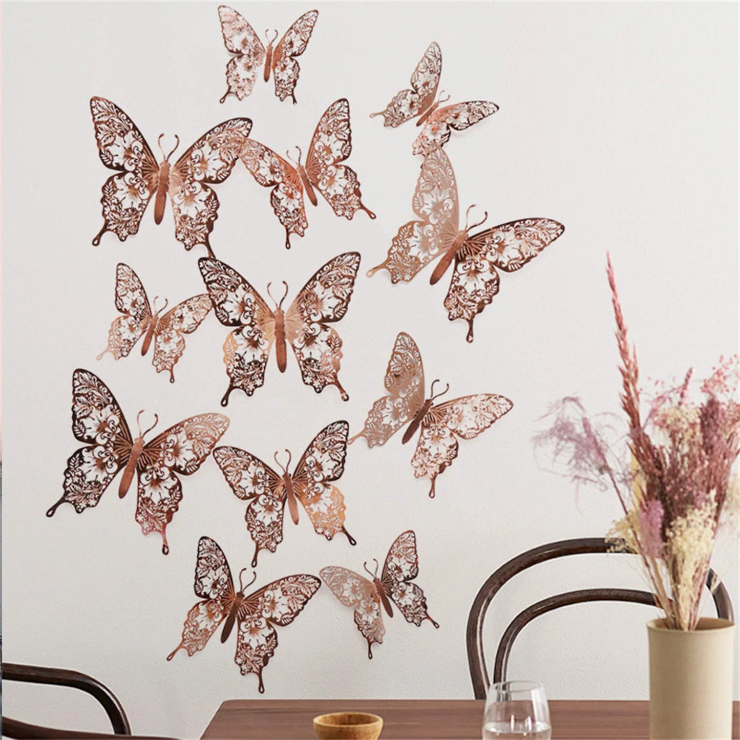 12pcs 3D Butterfly Ornaments - Hollow Wall Art Decals for Home Decor - Self-Adhesive Modern Craft Design for Walls, Cake Carving, and More