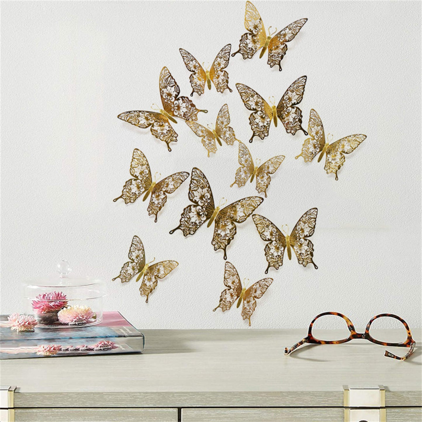 12pcs 3D Butterfly Ornaments - Hollow Wall Art Decals for Home Decor - Self-Adhesive Modern Craft Design for Walls, Cake Carving, and More