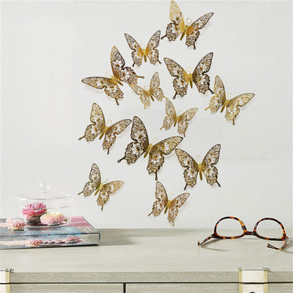 12pcs 3D Butterfly Ornaments - Hollow Wall Art Decals for Home Decor - Self-Adhesive Modern Craft Design for Walls, Cake Carving, and More