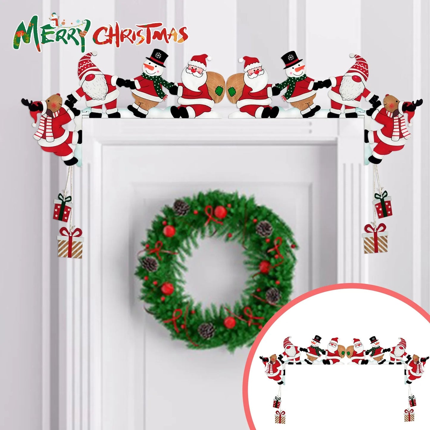 Christmas Home Decor – Cartoon Santa, Snowman & Reindeer Corner Door Hanger Ornament Dolls with Crystal Garland for Chandelier