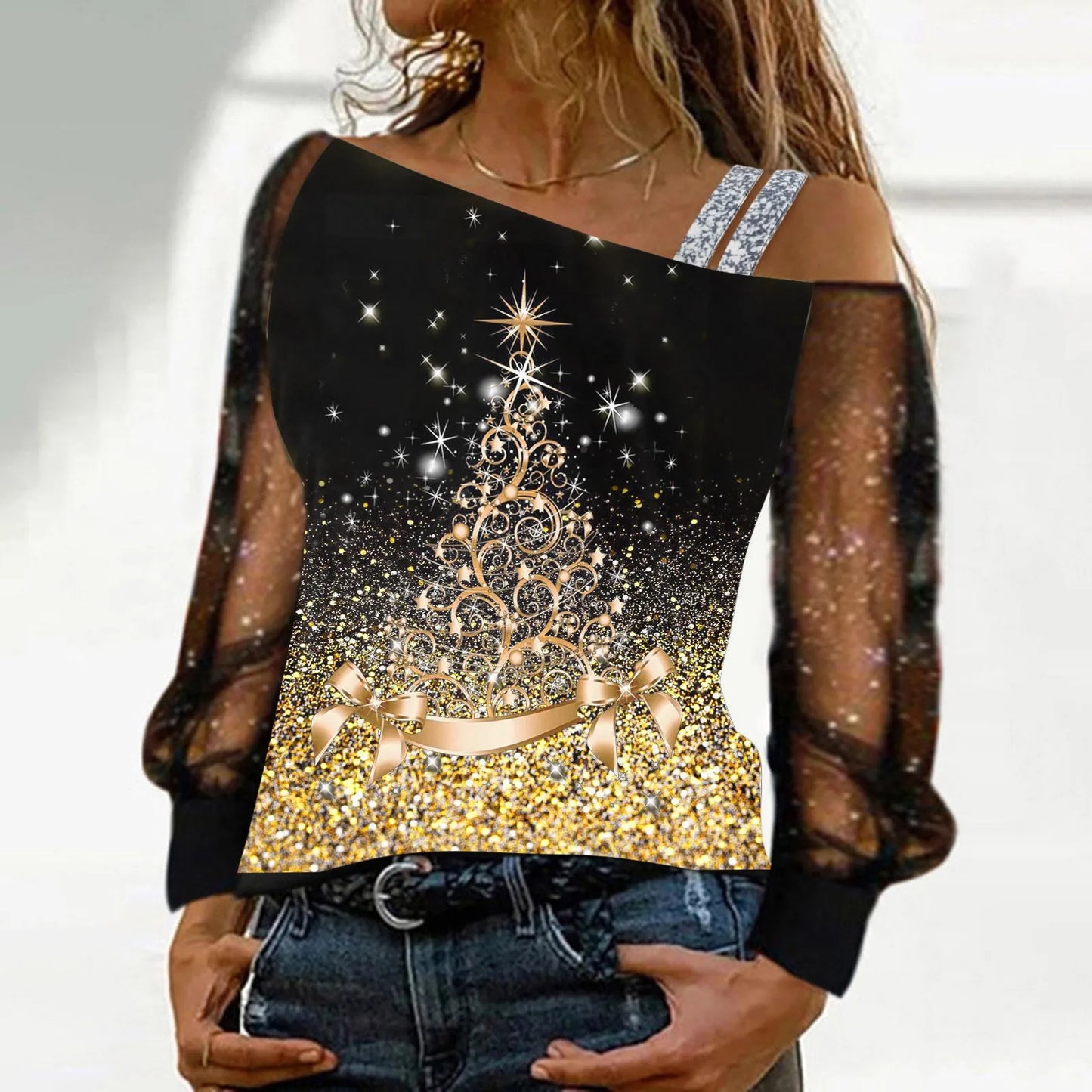 Off-Shoulder Christmas Blouse for Women - Wine Glass Print with Sequined & Mesh Splice - Long Sleeve Xmas Top