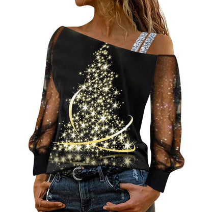 Off-Shoulder Christmas Blouse for Women - Wine Glass Print with Sequined & Mesh Splice - Long Sleeve Xmas Top