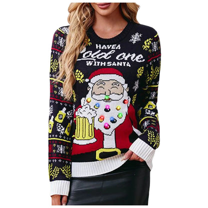 Autumn & Winter European Christmas Sweater for Women - Casual Santa Jacquard Pullover with LED Lights - Long Sleeve, Loose Fit Holiday Sweater