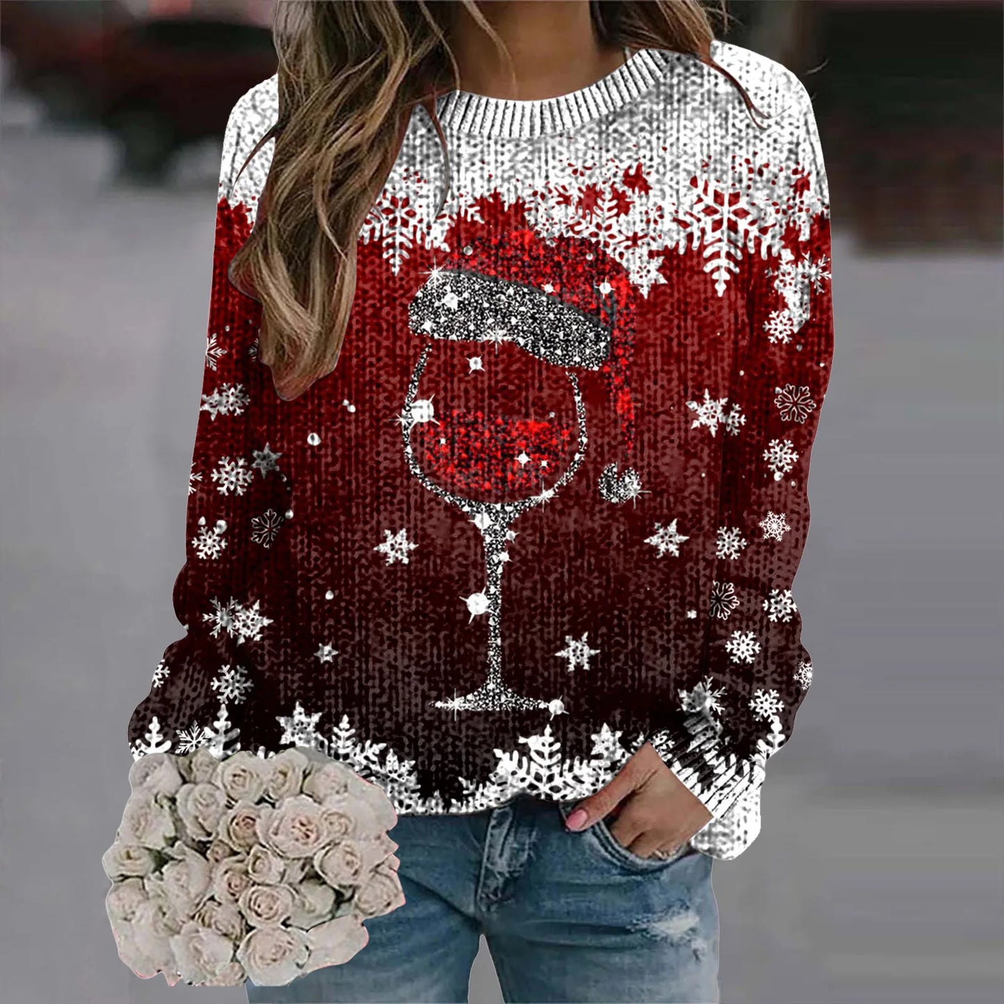 2024 Long Sleeve Christmas Sweater for Women - Red Santa Hat Print Pullover - Holiday Sweatshirt Tops for New Year Gifts & Christmas Clothes