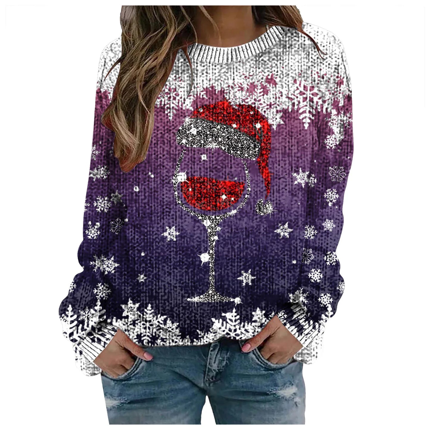 2024 Long Sleeve Christmas Sweater for Women - Red Santa Hat Print Pullover - Holiday Sweatshirt Tops for New Year Gifts & Christmas Clothes