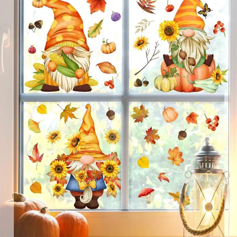 Thanksgiving Window Stickers Autumn Window Clings Faceless Doll Maple Turkey Electrostatic Decals DIY Festival Home Party Decor