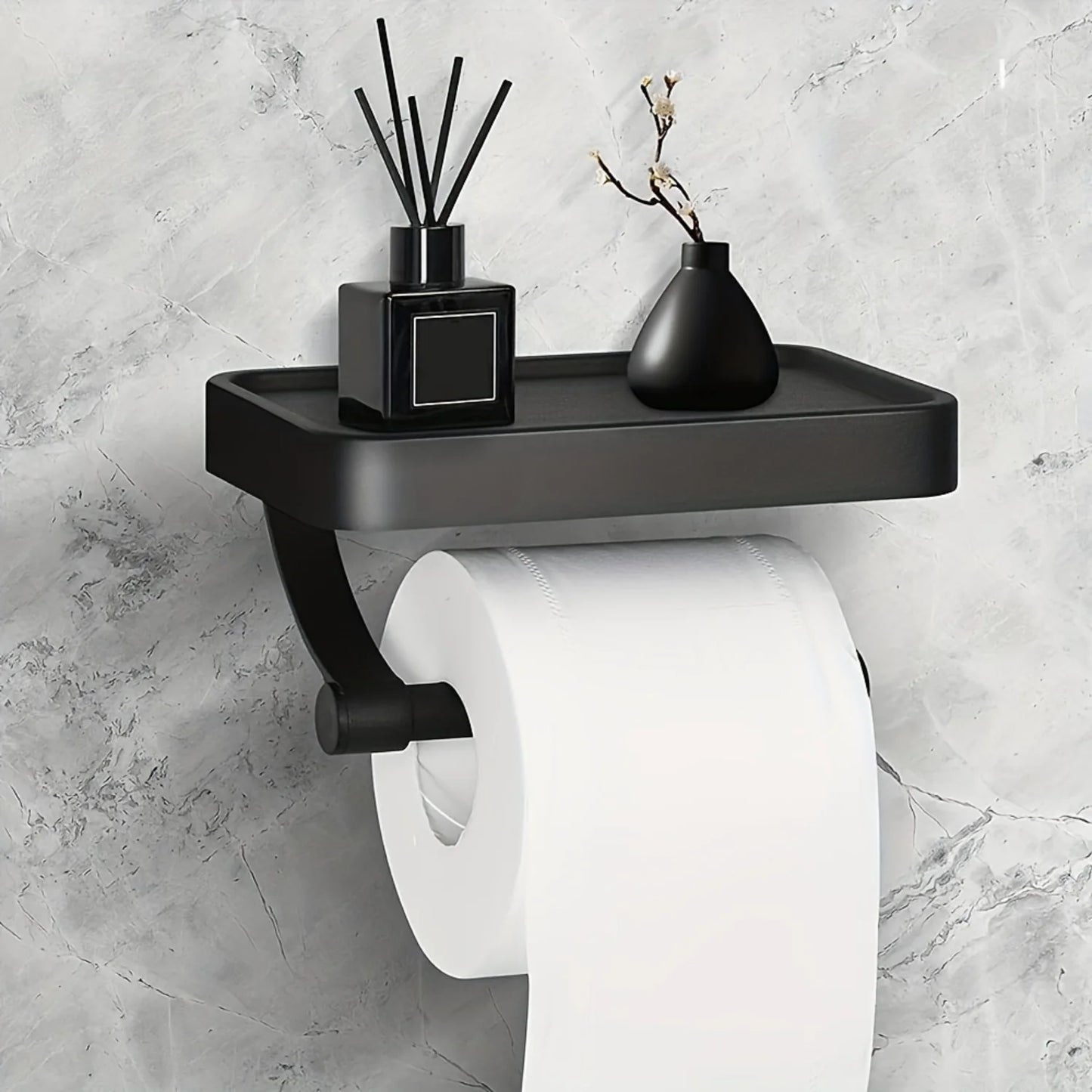 Multipurpose Black Stainless Steel Toilet Paper Holder - Self-Adhesive with Phone Shelf, Rust-Proof & Easy Installation for Bathroom