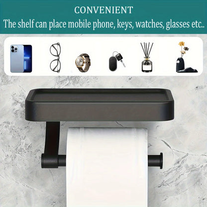 Multipurpose Black Stainless Steel Toilet Paper Holder - Self-Adhesive with Phone Shelf, Rust-Proof & Easy Installation for Bathroom