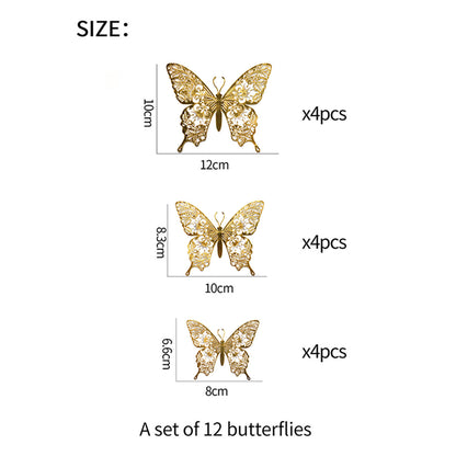 12pcs 3D Butterfly Ornaments - Hollow Wall Art Decals for Home Decor - Self-Adhesive Modern Craft Design for Walls, Cake Carving, and More