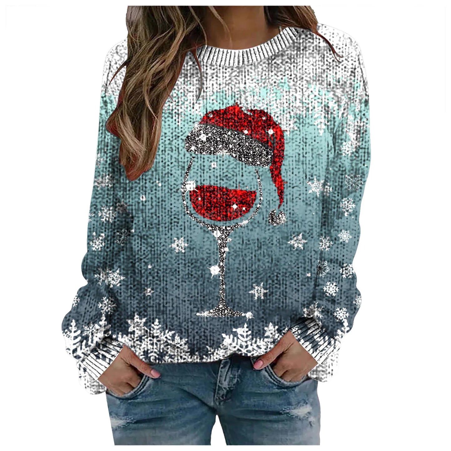 2024 Long Sleeve Christmas Sweater for Women - Red Santa Hat Print Pullover - Holiday Sweatshirt Tops for New Year Gifts & Christmas Clothes