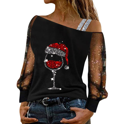 Off-Shoulder Christmas Blouse for Women - Wine Glass Print with Sequined & Mesh Splice - Long Sleeve Xmas Top